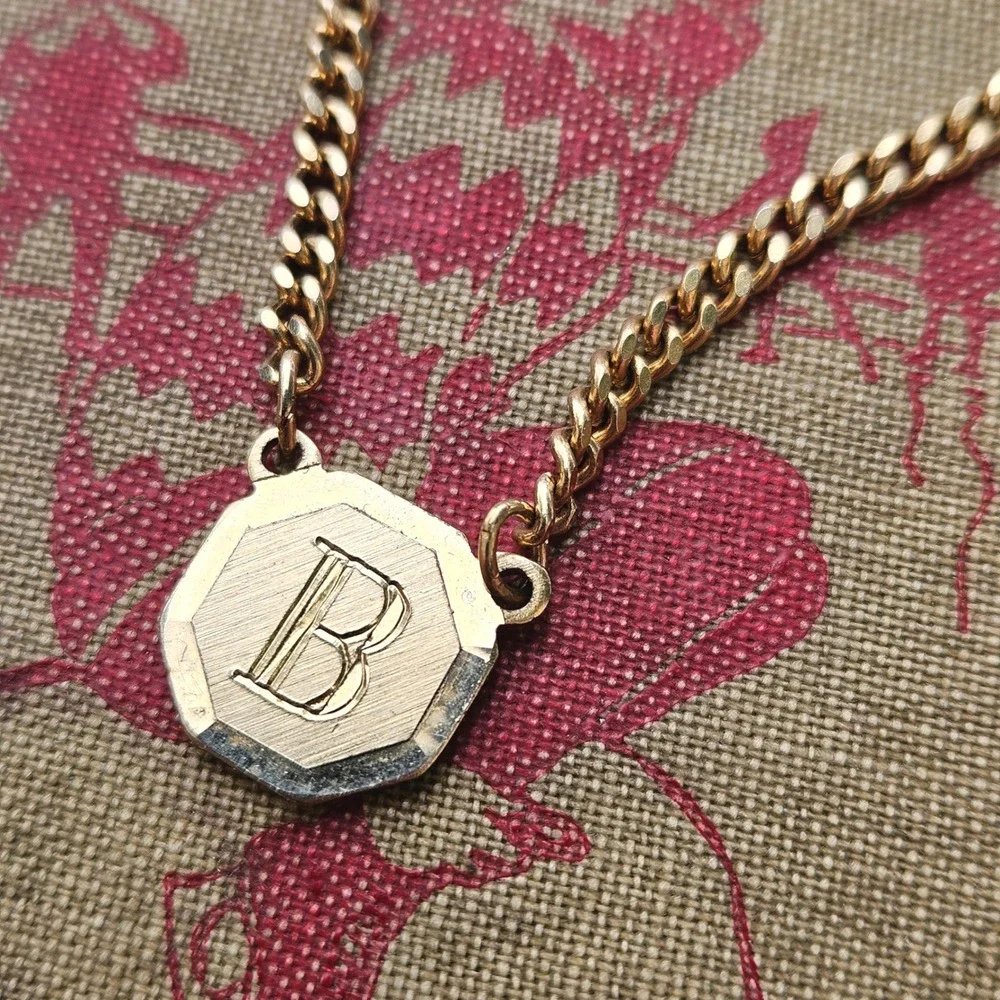 Vintage Gold Tone Initial B Monogram Tie Chain Curb Link Octagon Fob Mens